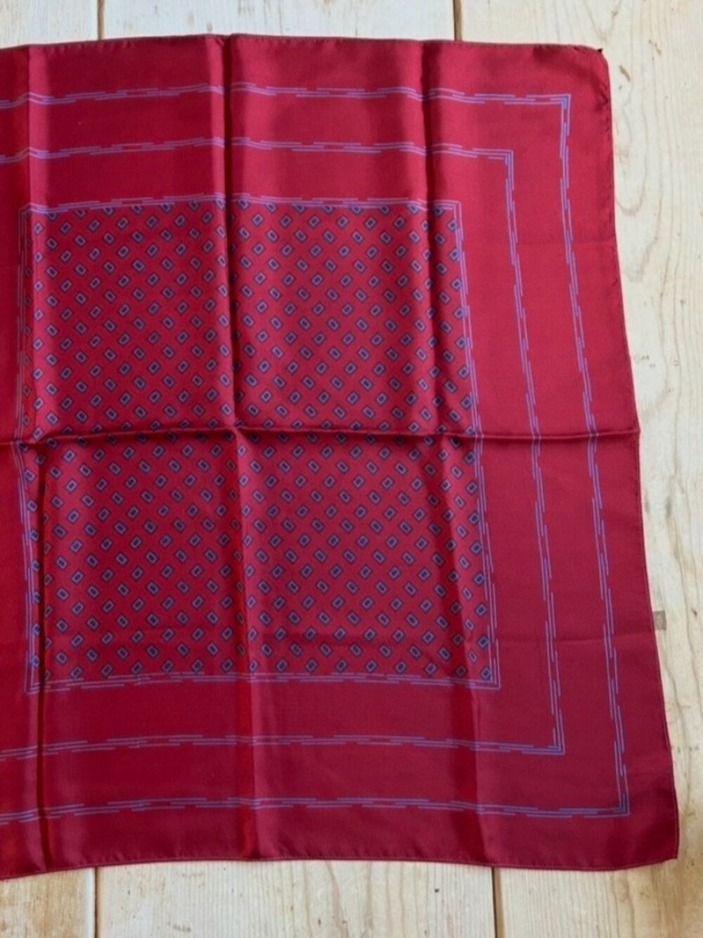 Vintage Red Silk W Blue Geometric Design Scarf in Excellent Condition 26" x 26"